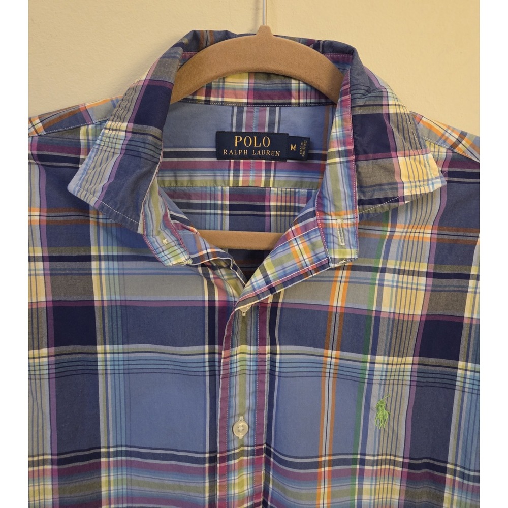 POLO RALPH LAUREN Men's Medium Blue Plaid Cotton Long Slv Button Shirt Lime Pony